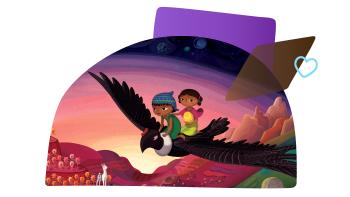 cartoon of two kids flying on a bird