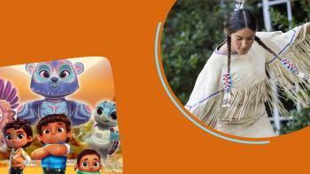 Native American characters on orange background