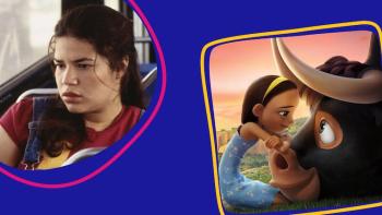 Puss in Boots image next to America Ferrera in Barbie