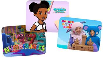 Photo collage of YouTube Kids channels for Early Learning: Numberjacks, Gracie’s Corner, and Mother Goose Club