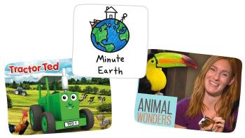 Photo collage of YouTube Kids channels for Nature Lovers: Tractor Ted, Minute Earth, and Animal Wonders