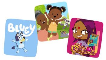 Photo collage of YouTube Kids channels for Kids Who Love Cartoons: Bluey, JoJo and GranGran, and Sally Bollywood